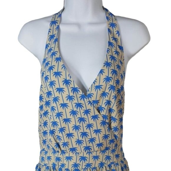 JustFab Halter Dress Tan Blue Large Palm Tree Sleeveless Surplice V Neck NWT - Picture 2 of 7